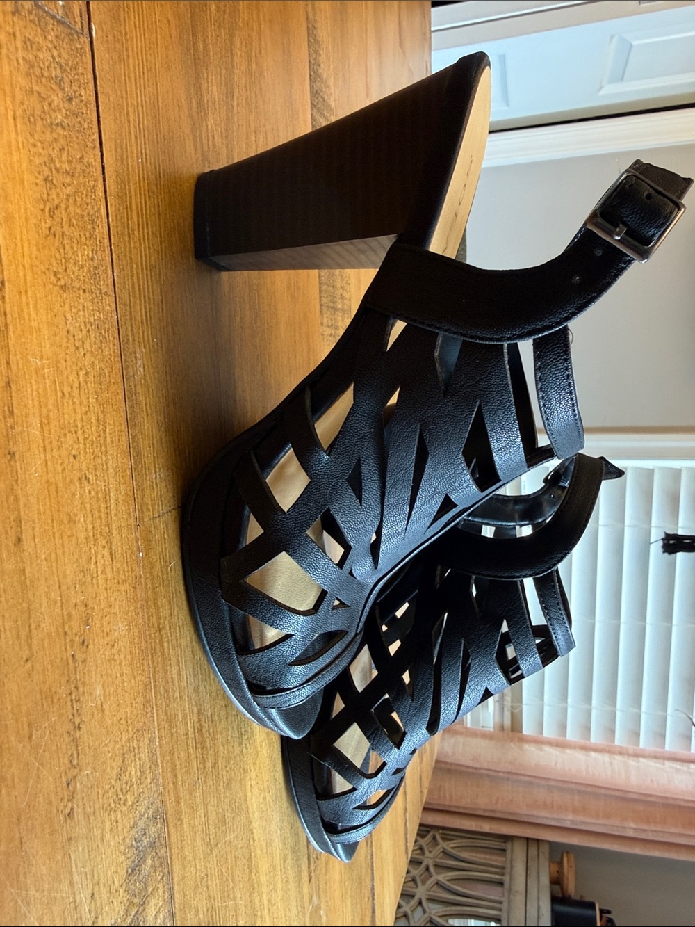 Women's Black Cutout High Heel Sandals with Ankle Buckle